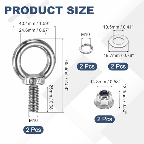 Image of PATIKIL M10 x 25mm Shoulder Eye Bolt, 2 Pcs 304 Stainless Steel Lifting Ring Threaded Eye Bolt with Flange Lock Nuts Spring and Flat Washers for Hanging Tie Down Straps Outdoor Indoor