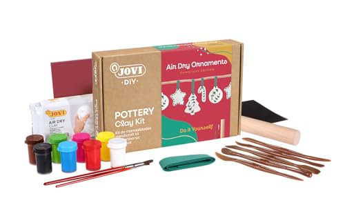 Jovi - DIY Air Dry CHRISTMAS POTTERY Clay - Set de manualidades para hacer DECORACION NAVIDEÑA, kit de arcilla secado al aire color blanca + pinturas y herramientas (2709)