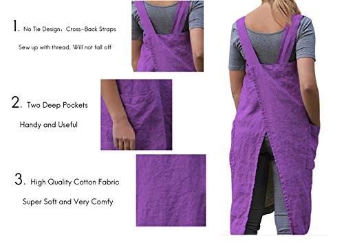 Women's Pinafore Square Apron Baking Cooking Gardening Works Cross Back Cotton/Linen Blend Dress With 2 Pockets Purple-2Xl #TOP2