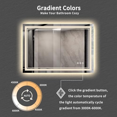 Image of Bathroom Mirror, 44x30 Inch Gradient Front and Backlit Smart Mirror, 3 Colors Dimmable CRI>90 Double Lights, IP54 Enhanced Anti-Fog, Hanging Plates Wall Mount LED Mirror