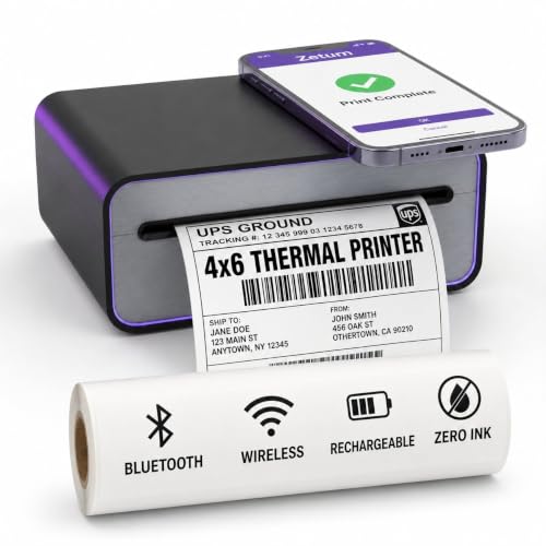 Zeturn 4x6 Thermal Shipping Label Printer - Wireless Bluetooth, Rechargeable Battery, No Ink Needed - for iPhone, Android, Home