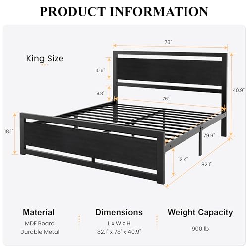 Image of SHA CERLIN Heavy Duty King Size Bed Frame with Modern Headboard, Black | Platform Metal Base with Footboard and 13 Slats Support, No Box Spring Needed