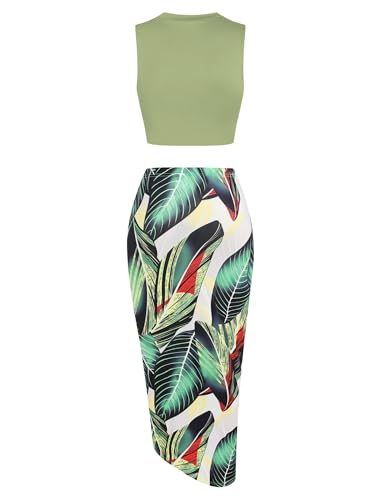 Image of ZAFUL Women's Casual Sleeveless Summer Two Piece Outfits Crop Top and Side Split Draped Ruched Maxi Skirt Set Solid Suiting
