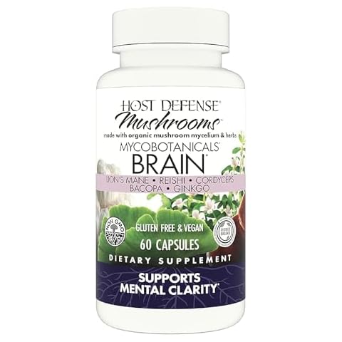 Host Defense MycoBotanicals Brain* Capsules - Brain Support Supplement with Lion's Mane, Reishi & Cordyceps Mushroom - Herbal Supplement for Memory & Focus Support - 60 Capsules (30 Servings)* Cover