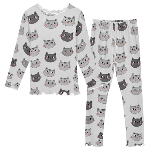 CHIFIGNO Pigiama a maniche lunghe 2 pezzi pigiama morbido abbigliamento da casa autunno inverno Jammies, simpatico gatto cartone animato grigio, Gatto Carino Cartoon Grigio, 9-10 anni