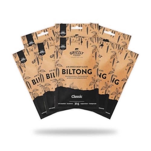 Grizzly Foods • Biltong Classic (8 x 30g) • Luftgetrocknetes Rindfleisch • Traditionelles Trockenfleisch • Ohne Zucker & Zusätze • Proteinreicher Snack • Ideal für unterwegs, Büro & Sport