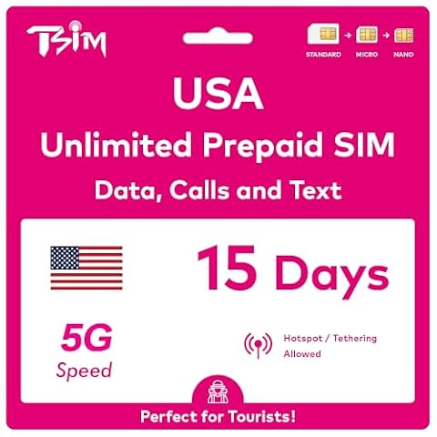 Karta SIM USA do podróży do USA. 15 dni przedpłacone. Sieć T-Mobile z nieograniczonymi danymi, rozmowami i SMS-ami (Hawaje wliczone). Nowa ulepszona karta SIM 5G!