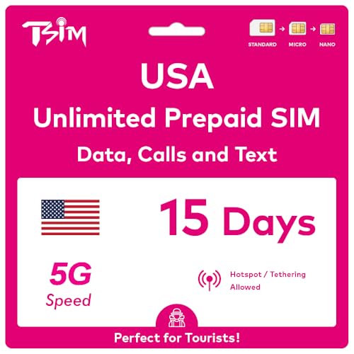 USA SIM Card for Travel to the USA. 15 Days PrePaid. T-Mobile network with Unlimited Data, Calls and Texts (Hawaii Included). New Upgraded 5G SIM Card!