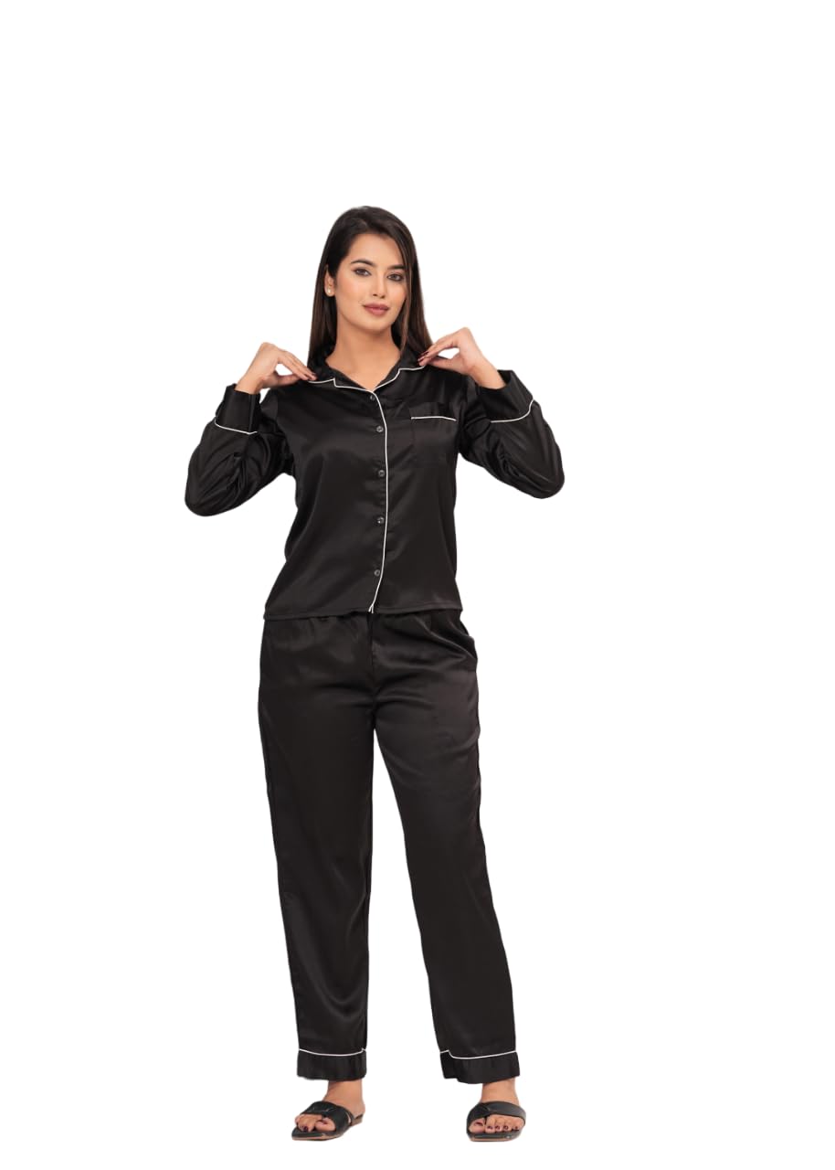 Satin Night Suit for Women, Black-image-5