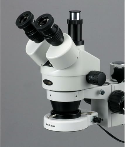 Image of AmScope SM-3TX-80S Professional Trinocular Stereo Zoom Microscope, WH10x Eyepieces, 3.5X-45X Magnification, 0.7X-4.5X Zoom Objective, 80-Bulb LED Ring Light, Single-Arm Boom Stand, 90V-265V, Includes 0.5X Barlow Lens