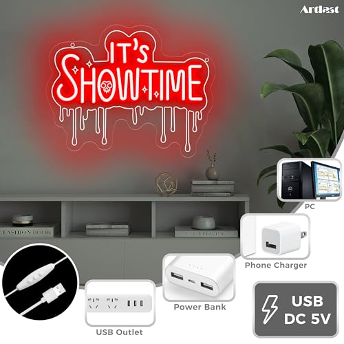 Image of It's Show Time Neon Sign Halloween Neon Lights for Wall Decor LED Red Tombstone Sign for Party,Chamber of Secrets, Spooky House, Game Room, Theater
