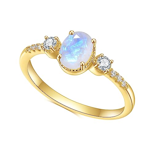 Gem's Beauty Gold Rings for Women 14K Gold/Rose Gold Plated 925 Sterling Silver Natural Moonstone Jewelry Women Wedding Engagement Rings Birthday Gifts for Her (Size5-10)