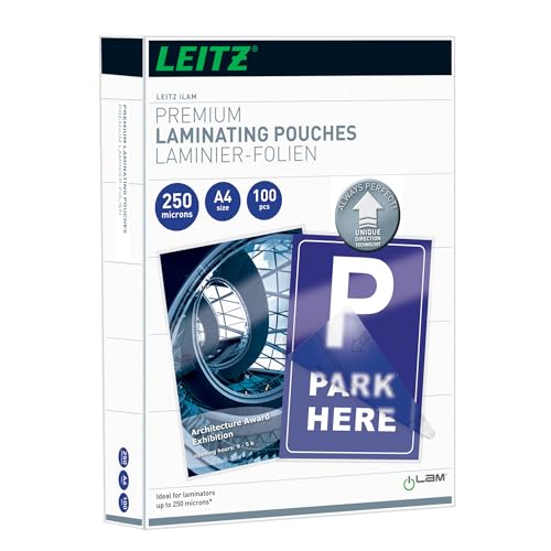 Leitz Heißlaminierfolien A4 250 mic, Laminierfolien in Premium-Qualität im 100er Pack, Glänzend, Transparent, Vereinfachtes Einlegen durch UDT, iLAM, 74840000