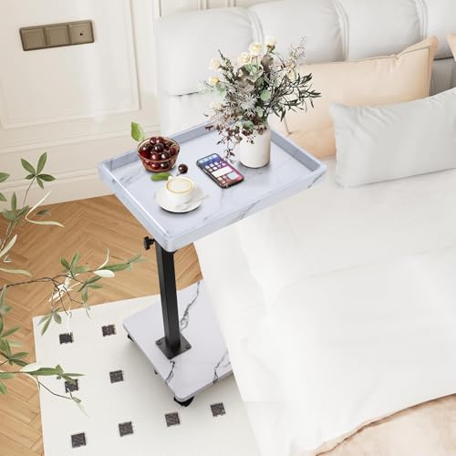 Image of XNSDXV C Shaped Side Table Adjustable Height, 360Swivel Bedside Table With Wheels, End Table for Small Spaces, Sofa Side Table For Living room, Bedroom, Bed,Couch (White Marble Color)