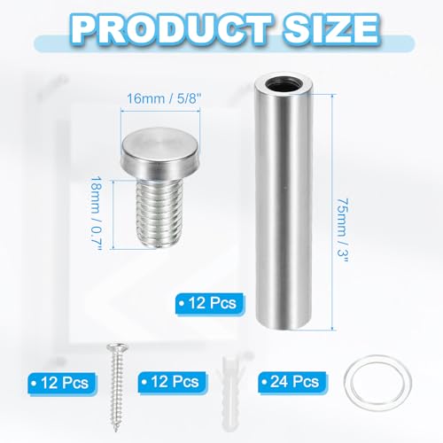 Image of PATIKIL 5 /8 inch x 3.2 inch Standoff Screws, 12 Pack Stainless Steel Wall Mount Sign Standoffs Mounting Hardware Advertising Nail for Hanging Acrylic Picture Frame, Silver