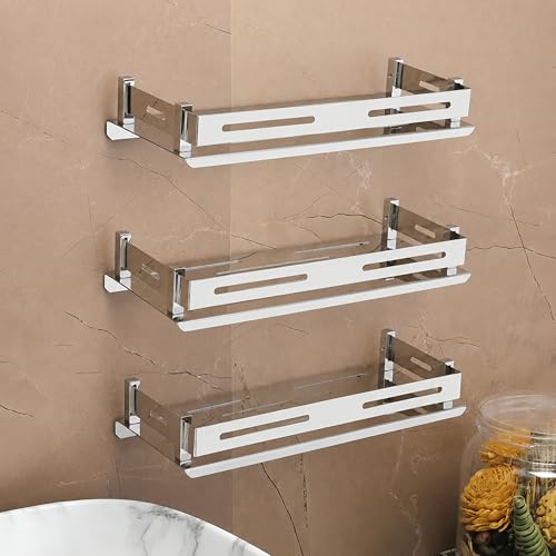 Image of FORTUNE Stainless Steel Wall Mount Bathroom Shelf Multi-Functional Storage Shelf, Bathroom Shelves, Rack Basket Bathroom Accessories Homes, Hotels Decor- Chrome Finish (12 X 5 Inch) (Pack of 3)