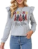 Boiltcat Merry Christmas Shirts for Women Christmas Sweatshirts Casual Long Sleeve Crewneck Ruffle Tops Grey S