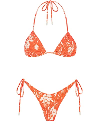 Image of Women's Triangle Bikini Set String Swimsuit Print Tie Smocked Ruched Two Piece Bathing Suit