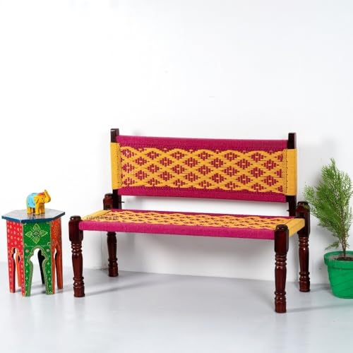 Image of Srima Wooden Bench for Living Room | Handcrafted Sheesham Wood Backrest Bench for Balcony & Garden | Traditional Rajasthani Patio for Outdoor with Cotton Handwoven Rope | Pink and Yellow