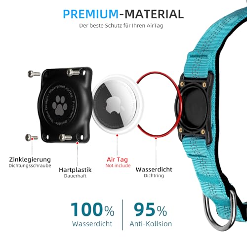 JIARUI AirTag Hundehalsband, IP68 wasserdichte Integriertes Apple Air Tag Halter Hundehalsband mit AirTag Halter, Reflektierend, Besonders haltbar, Hundehalsbänder für mittlere große Hunde [Blau,M]