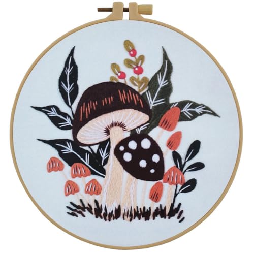 Image of Esffaci Embroidery Starter Kit for Adult Beginner with Mushroom Plant Flower Pattern Hand Embroidery Set with Cloth Hoop Needle Threader Floss and Instruction