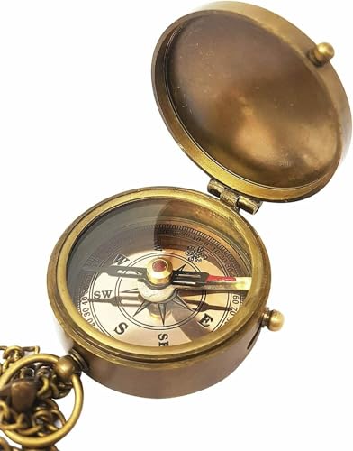 Brújula de bronce vintage con mensaje grabado personalizado, diseño náutico con cadena y estuche de cuero antiguo miniatura 3