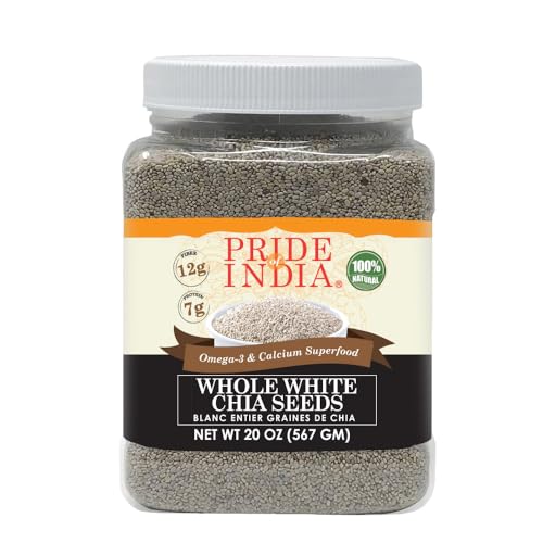 Pride Of India - Whole White Chia Seeds Raw Natural - 1.25 Pound (20 Oz) Jar with 24+ Servings - Omega-3 & Calcium Superfood - Great in smoothies, yogurt, baking, cereal, cookies, breakfast and more