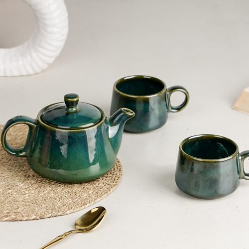 Image of The Earth Store Premium Green Glaze Ceramic Morning Tea Set - 2 Tea Cups & 1 Kettle Microwave and Dishwasher Safe | Tea Cup with Kettle | Small Morning Set | Ideal for Gifting and Daily Use