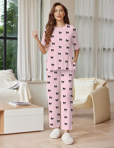 Image of Ekouaer Lounge Sets for Women Short Sleeve Tops and Long Pants Soft Comfy Pajamas Set 2 Piece Outfits