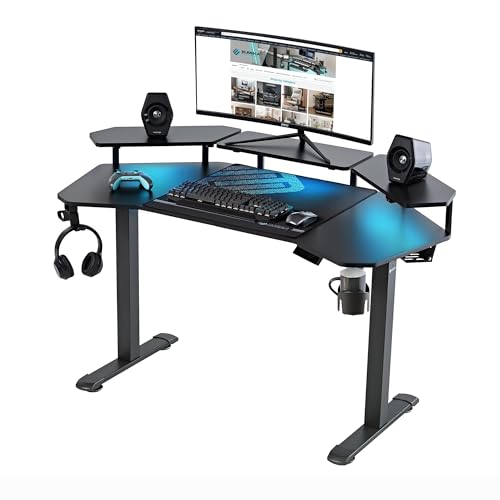 Image of EUREKA ERGONOMIC Aero 55 Inch W Shaped Electric Standing Desk, Height Adjustable Computer Gaming Desk with LED Monitor Shelf, Mouse Pad, Headphone Hook, Cup Holder, Carbon Black