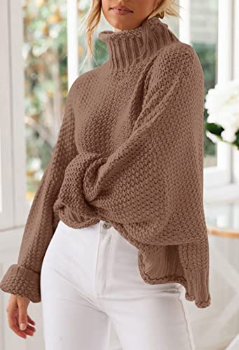 Image of ZESICA Women's Turtleneck Batwing Sleeve Loose Oversized Chunky Knitted Pullover Sweater Jumper Tops,Khaki,XX-Large