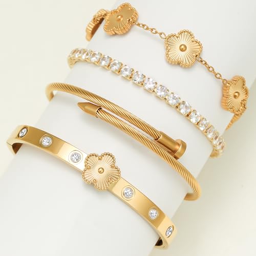 Gold Plated Bracelet Set, 4-Piece Floral Tennis Bracelet Collection with Crystal Rhinestones, Twisted Cable Bangle, Adjustable, 7.5 Inches3