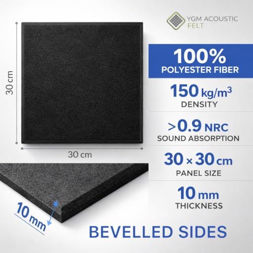 Image of YGM Acoustic Foams Luxury PET Felt Acoustic Self Adhesive Panels, 10 MM Thick, Sound Absorbing Panels for Wall | Room Noise Reducer & Sound Dampening (OG Black, 1x1 Foot - 8 Panels)