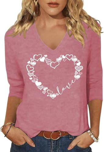 Image of Womens 3 /4 Sleeve V Neck Valentine T Shirts Love Heart Printed Graphic Tee Tops