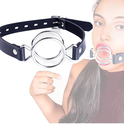 Double O Ring Open Mouth Gag Deep Throat Oral Sex Adjustable Strap Oral Bondage Metal Ring Gag Restraint Training Role Play Adult Sex Toys (Silvery)