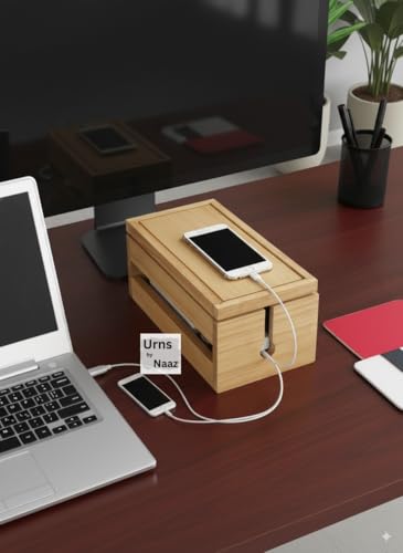 Image of Wooden Cable Management Box - Cord Organizer for Desk, Power Strip & Charger Storage - Wire Concealer Box for Home Office, Extension Board Holder, Wooden Desk Organizer (Beige)