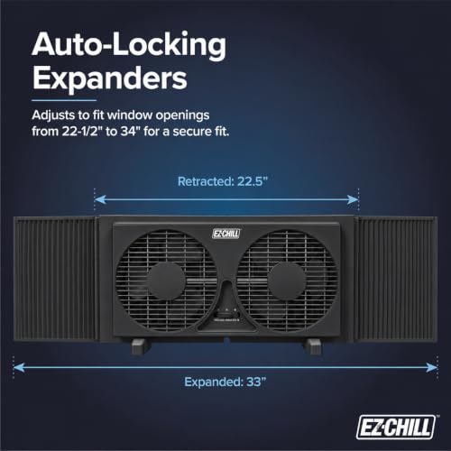 EZ-CHILL 9" Twin Window Fan with Manually Reversible Airflow Control, Auto-Locking Expanders, 2 Speed, Dual Fan, Exhaust, Airflow 9.84 ft/sec, Ideal for Home, Kitchen, Bedroom & Office, Black by EZ-CHILL - Used condition - Image 4