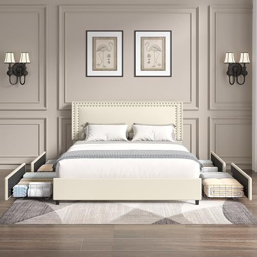 Image of VECELO King Size Upholstered Bed Frame with 4 Storage Drawers, Adjustable Velvet Rivet Decor Headboard, Wooden Slats Platform Support, No Box Spring Needed, Easy Assembly,Beige