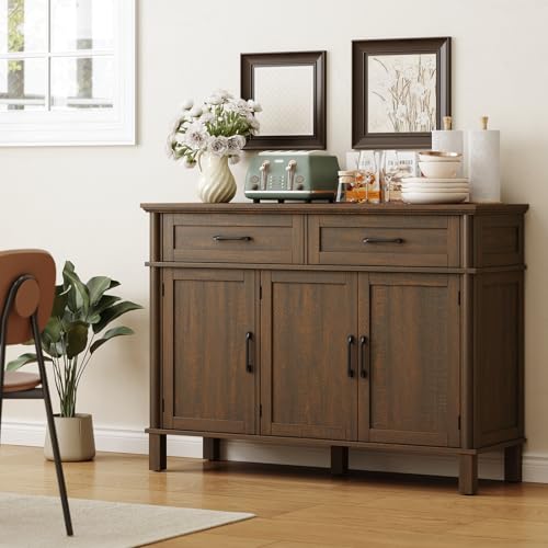 Image of ONBRILL 48 Inch Buffet Cabinet with Storage, Farmhouse Sideboard Buffet w /2 Drawers and 3 Doors, Wood Coffee Bar Cabinet with Adjustable Shelves, Sideboard Storage for Kitchen, Living Room, Brown