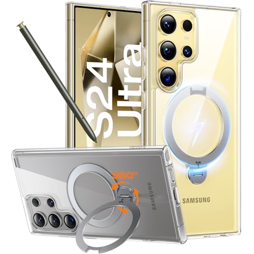 Image of TORRAS 360 Spin Magnetic Stand for Samsung Galaxy S24 Ultra Case, Fit for Magsafe, Hard PC S24 Ultra Phone Case with Kickstand & Ring Holder, Transparent Clear