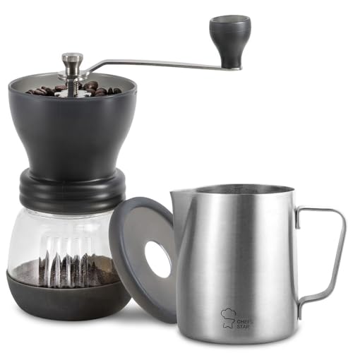 Chef's Star Stainless Steel, 20 Oz Milk Frothing Pitcher and Manual Ceramic Coffee Grinder, Portable Grinder With Detachable Glass Base and Milk Frothing Cup for Latte Foam Chef's Star Stainless Steel, 20 Oz Milk Frothing Pitcher and Manual Ceramic Coffee Grinder, Portable Grinder With Detachable Glass Base and Milk Frothing Cup for Latte Foam