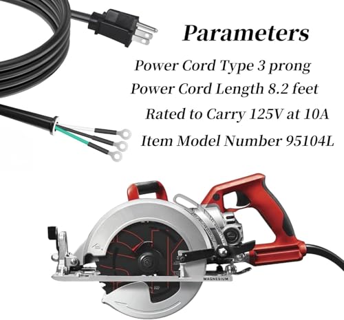 Image of 95104L Heavy-Duty Replacement Power Cord for SKILSAW Worm Drive Saws SPT77WM, SPT77WML, SPT78W - 3 Pin, 8.2FT /2.5M Black Cord