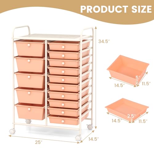 Image of LDAILY 15 Drawer Rolling Storage Cart, Rolling Cart with Drawers for Classroom, Art Supply Craft Organizer on Wheel with Metal Frame & Handles for Home Office School