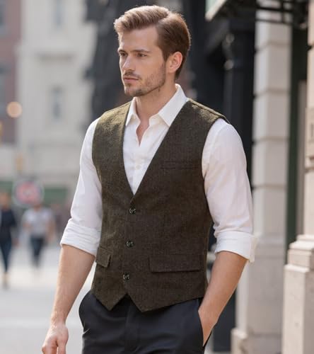 Men Herringbone Suit Vest Retro Tweed Slim Fit Vests Men Waistcoat Vest Wedding Prom Formal3