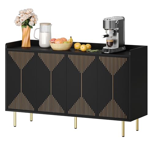 DWVO 55" Kitchen Storage Cabinet with Carved Design Door, Adjustable Shelves, Modern Sideboard Buffet Cabinet with Storage for Hallway, Kitchen or Living Room, Black