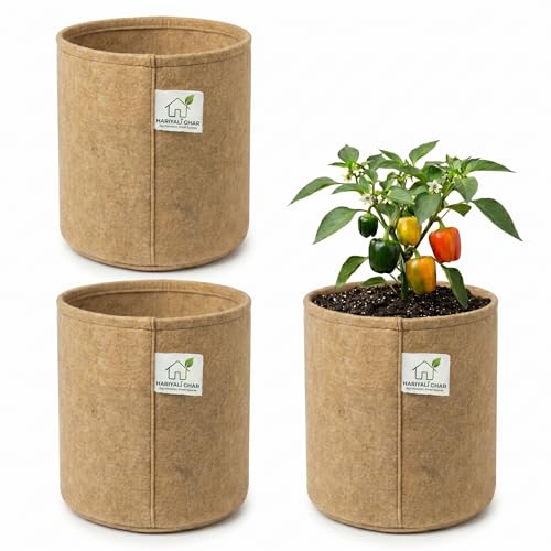 Image of 400 GSM Geo Fabric Round Grow Bags 18x18 Inch, Camel Color Planting Bags for Terrace and Kitchen Gardening Pack of 3