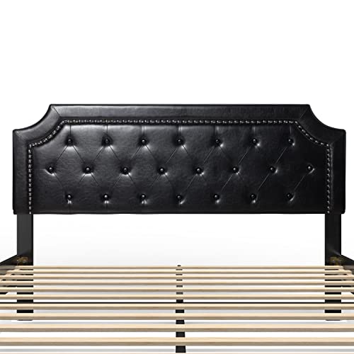 Bonsoir Bed Frame Upholstered Low Profile Platform Bed With Tufted Faux Leather Headboard/No Box Spring Needed/No Bed Skirt Needed (Black, Queen Size) #TOP6