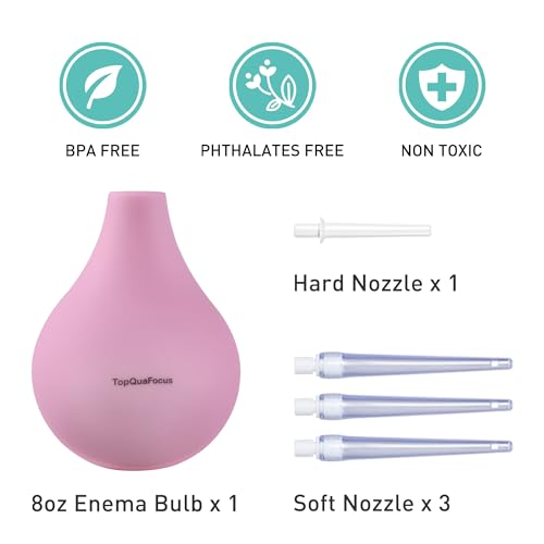 Image of TopQuaFocus 8oz Enema Bulb Kit Anal and Vaginal Douche Bulb for Men Flushing System Enemas Silicone Bulb 4 Replaceable Tips (Pink, 224ml)