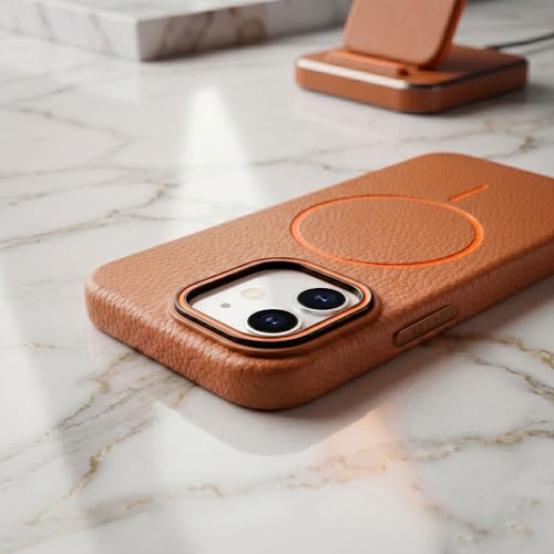 Image of amazon basics Luxury MagSafe Compatible Leather Texture Back Cover for iPhone 12 Pro | Raised Camera Protection | Slim Fit Shockproof Case with Metallic Accents (Orange)