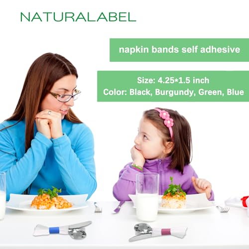 Image of NATURALABEL Self-Adhesive Assorted Napkin Bands for Wrapping Silverware - Pack of 2,000, 500 Pcs per Color, for Family Reunion, Birthday Party, Wedding, Celebration (Black, Burgundy, Blue, Green)